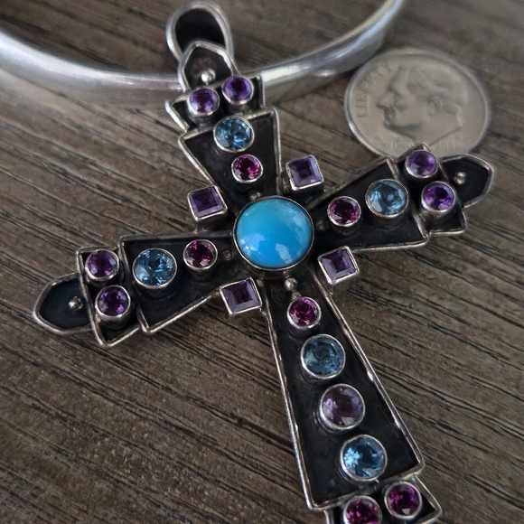 Nicky Butler 925 Sterling Silver Cross Necklace Pendant Turquoise Topaz Vintage - Picture 10 of 16